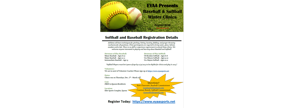 Softball/Baseball Winter Clinic Registration Open!